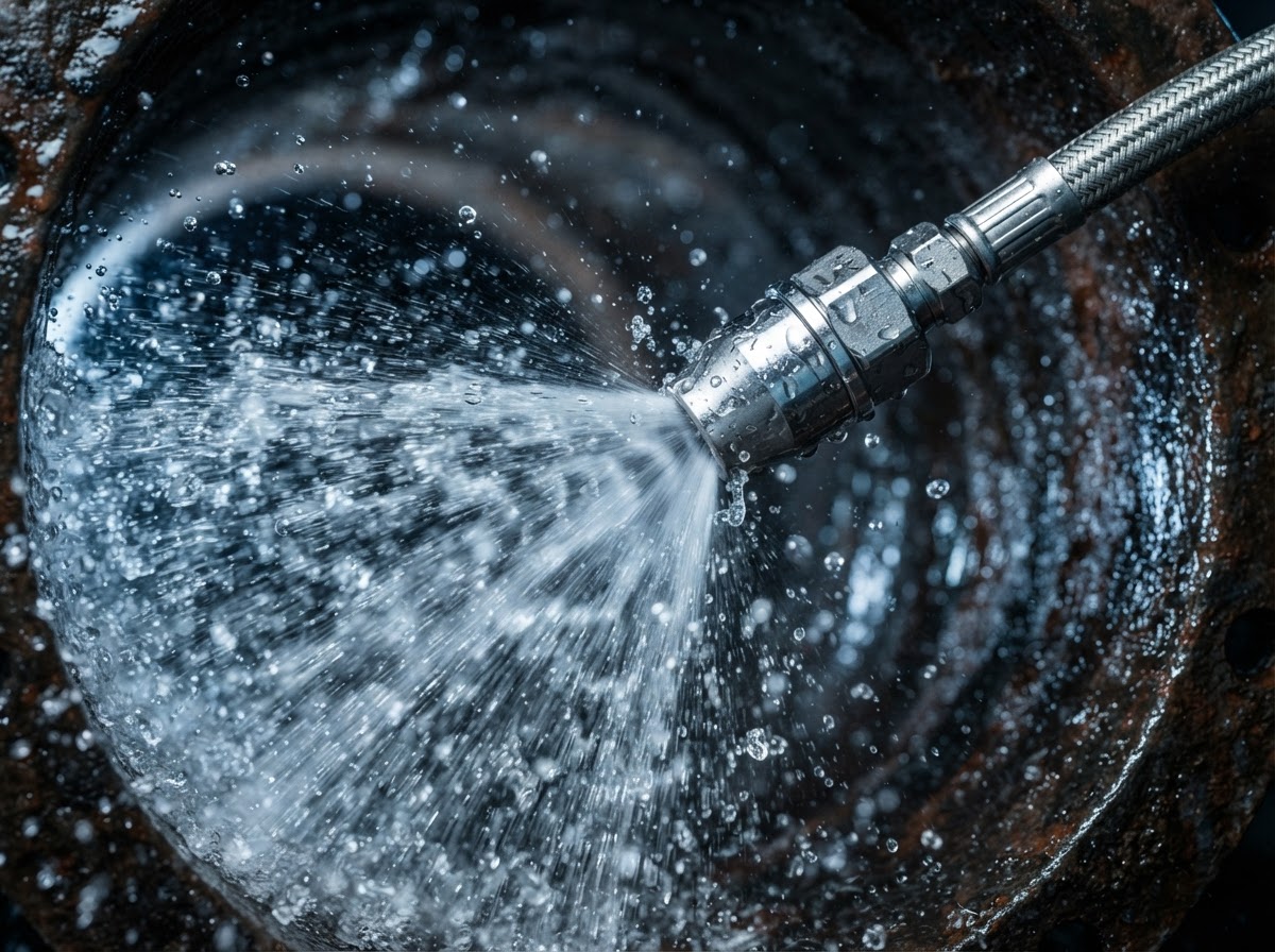 Water jet nozzle spraying inside a drain pipe